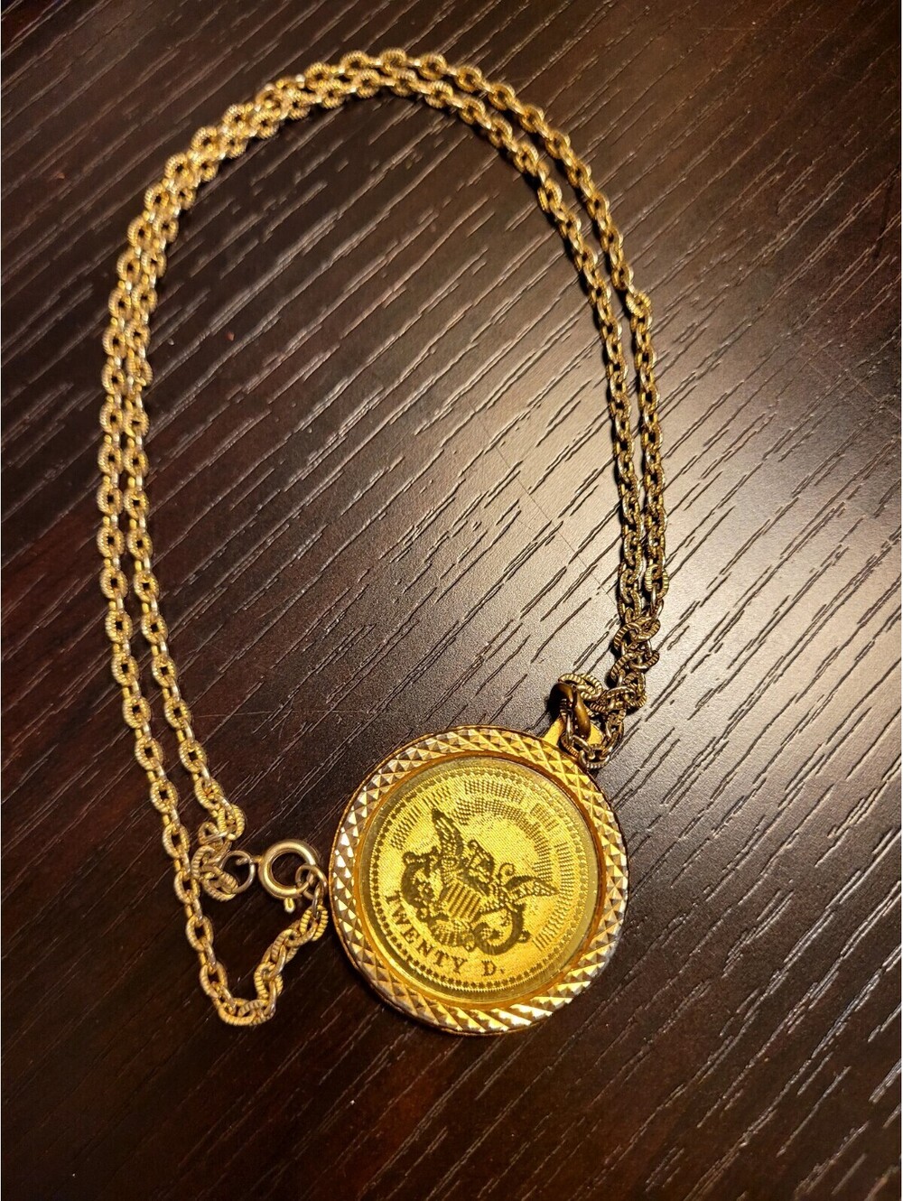 Vintage 1776 Twenty Dollar Gold Replica Pendant Necklace on 16” Chain Gold Tone